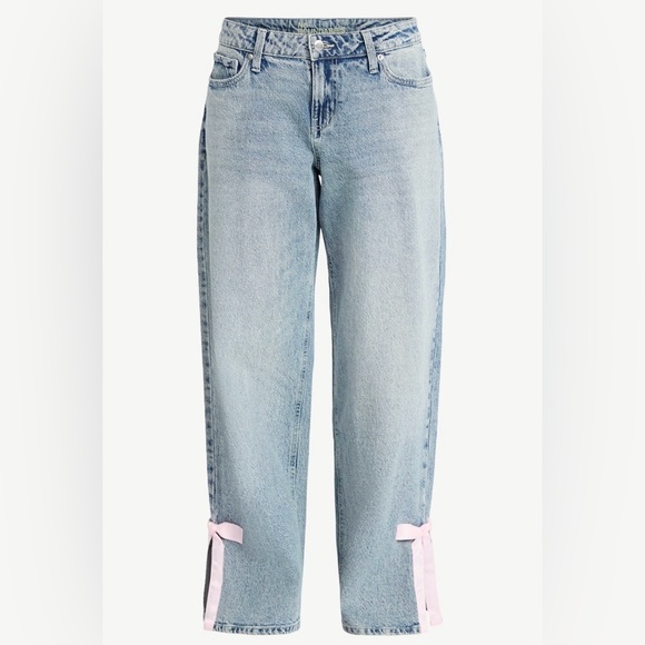 NWT Baggy wide leg Light Stone Wash Women's Jeans with Pink Bow - Picture 3 of 8